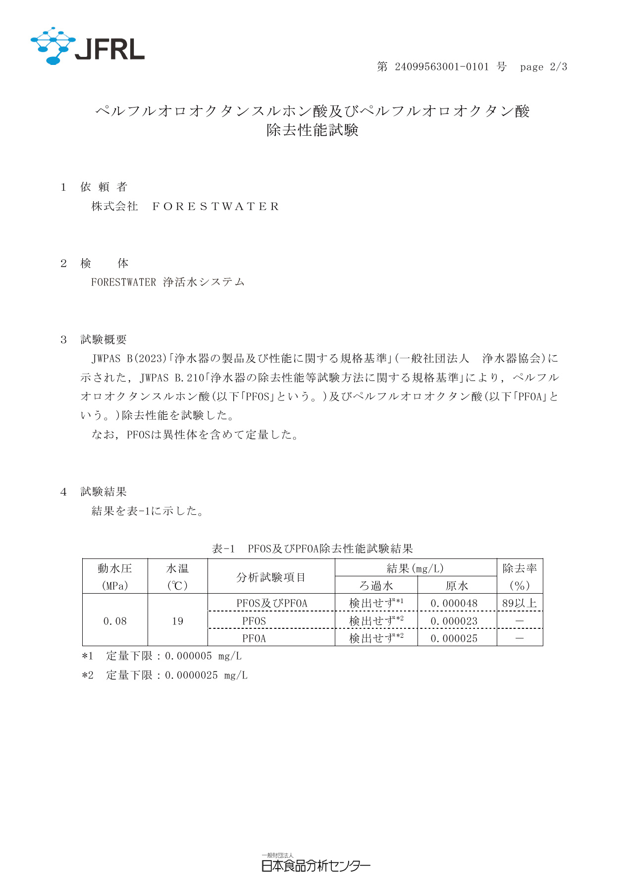 PFAS・PFOAの除去性能試験
